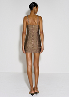 Back view of KABE SHOP INC Sil dress in metallic bronze with braided straps and a central back zipper