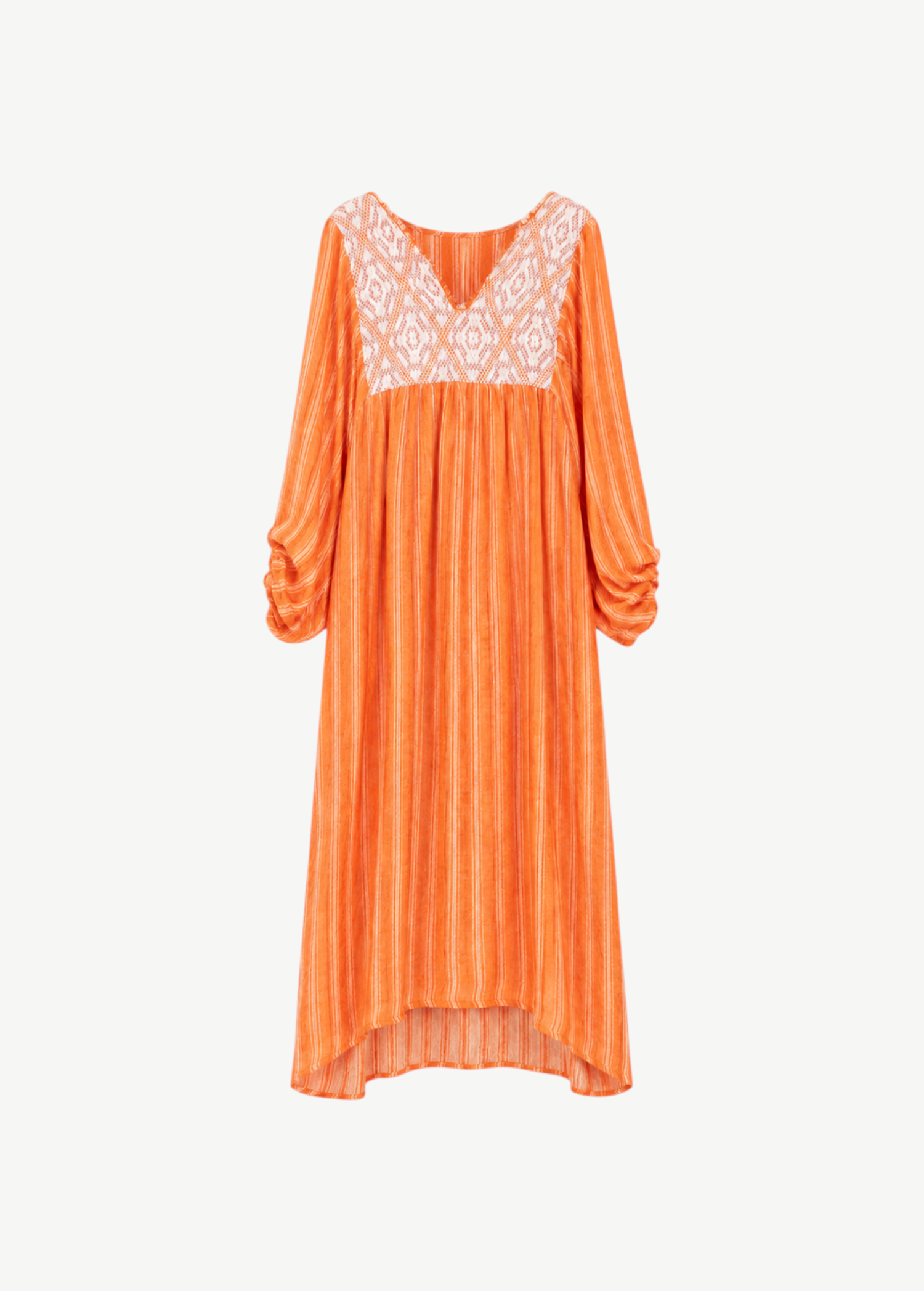 KABE SHOP INC Adelina kaftan in orange striped fabric with white embroidered V-neck and long gathered sleeves