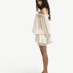 KABE SHOP INC Isabella jumpsuit in cream cotton with off-the-shoulder neckline and delicate lace trim hem