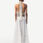 KABE SHOP INC Menorca trousers in white cotton with intricate lace detailing, shown from the back on a model.