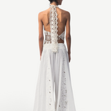 KABE SHOP INC Menorca trousers in white cotton with intricate lace detailing, shown from the back on a model.
