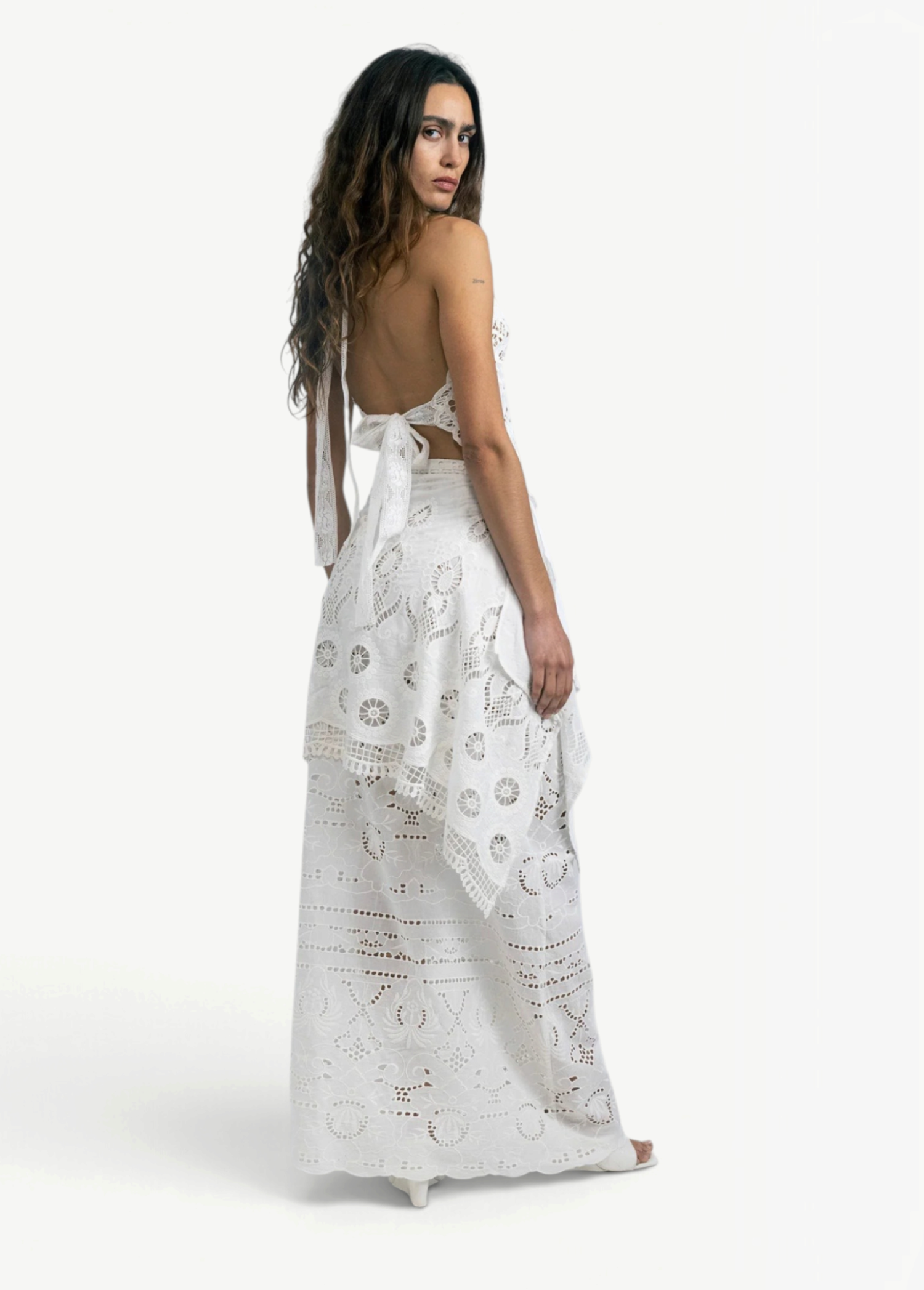 KABE SHOP INC Katinka white cotton skirt with intricate crochet and lace patchwork worn by a model
