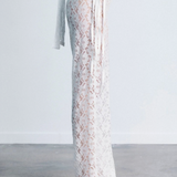 KABE SHOP INC white lace trousers with a strappy handkerchief waistband and a fitted silhouette in a side view