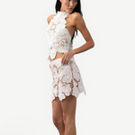 KABE SHOP INC Vanilla top in white cotton with intricate crochet and lace patchwork worn by a model