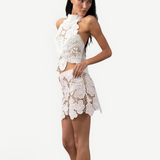 KABE SHOP INC Vanilla top in white cotton with intricate crochet and lace patchwork worn by a model