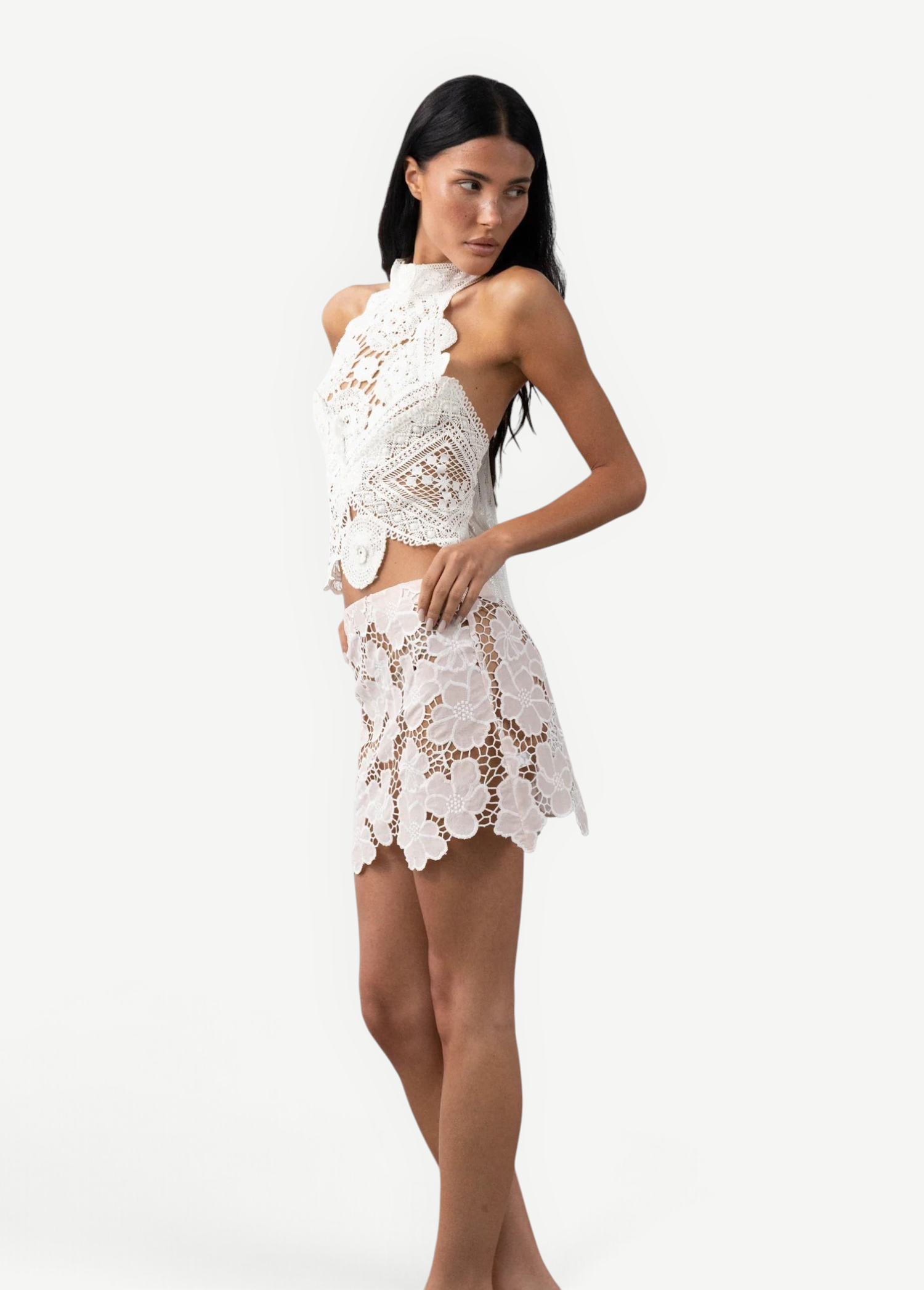 KABE SHOP INC Vanilla top in white cotton with intricate crochet and lace patchwork worn by a model