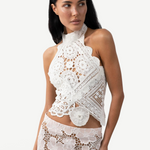 KABE SHOP INC Vanilla top featuring white cotton crochet and lace patchwork in a feminine halter neck fitted style.