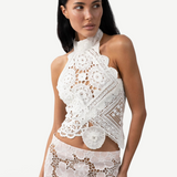 KABE SHOP INC Vanilla top featuring white cotton crochet and lace patchwork in a feminine halter neck fitted style.