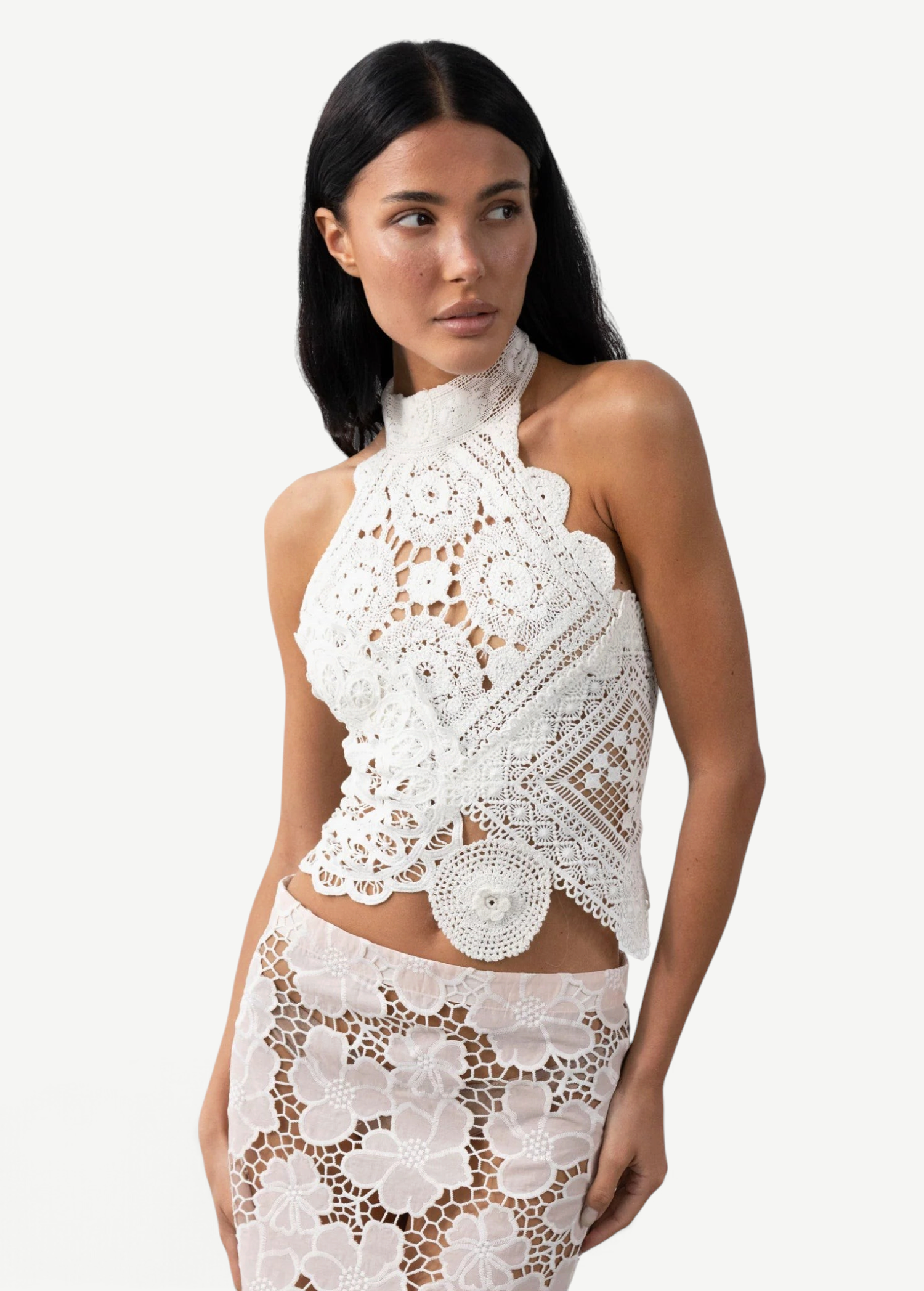 KABE SHOP INC Vanilla top featuring white cotton crochet and lace patchwork in a feminine halter neck fitted style.