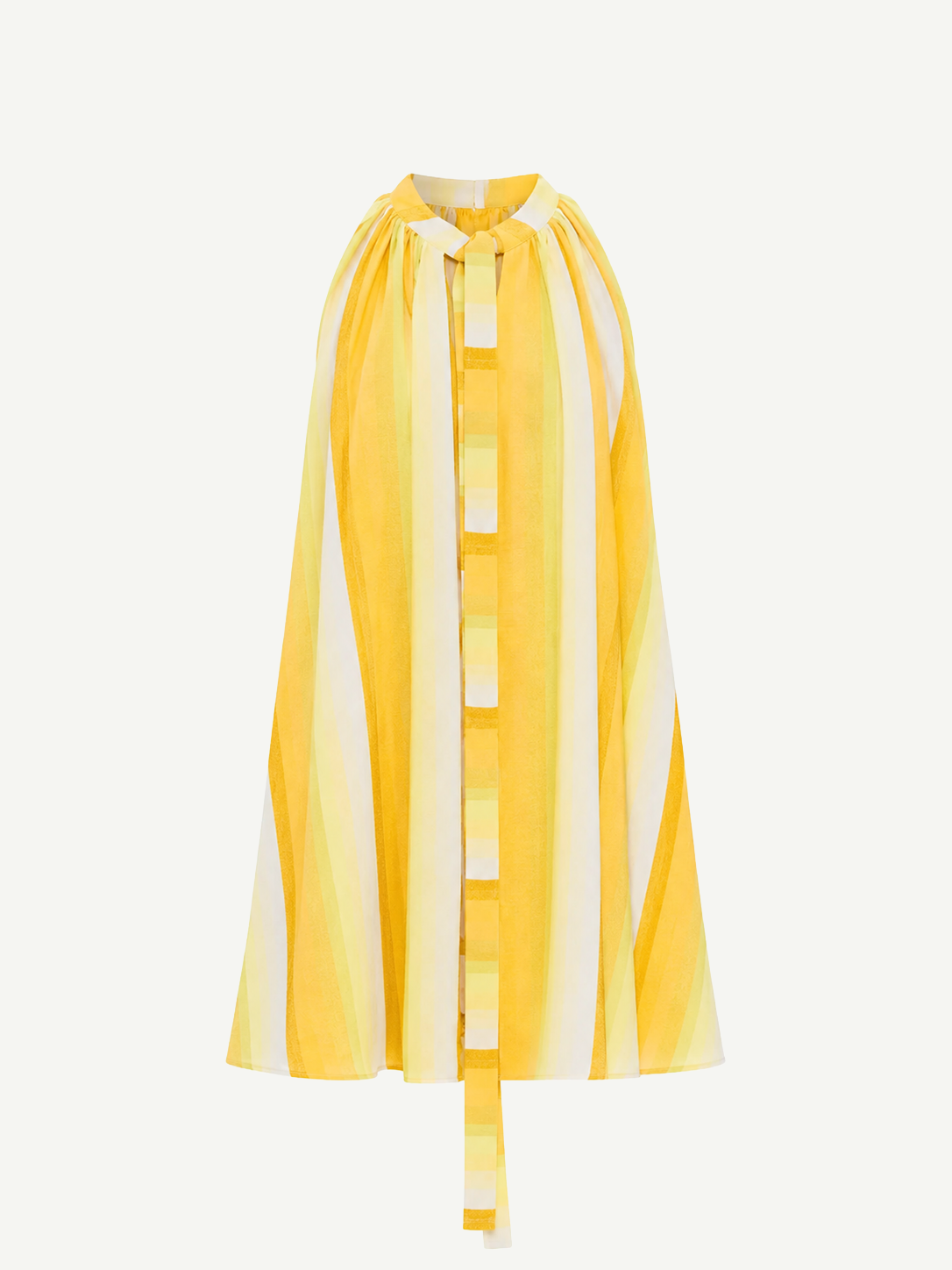 Introducing The Mini Cape Dress—a sleeveless, knee-length handwoven cotton dress featuring yellow and white vertical stripes, a high neckline, and a long front tie detail. Perfect for those who appreciate sustainable fashion.