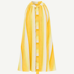 Introducing The Mini Cape Dress—a sleeveless, knee-length handwoven cotton dress featuring yellow and white vertical stripes, a high neckline, and a long front tie detail. Perfect for those who appreciate sustainable fashion.