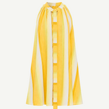 Introducing The Mini Cape Dress—a sleeveless, knee-length handwoven cotton dress featuring yellow and white vertical stripes, a high neckline, and a long front tie detail. Perfect for those who appreciate sustainable fashion.