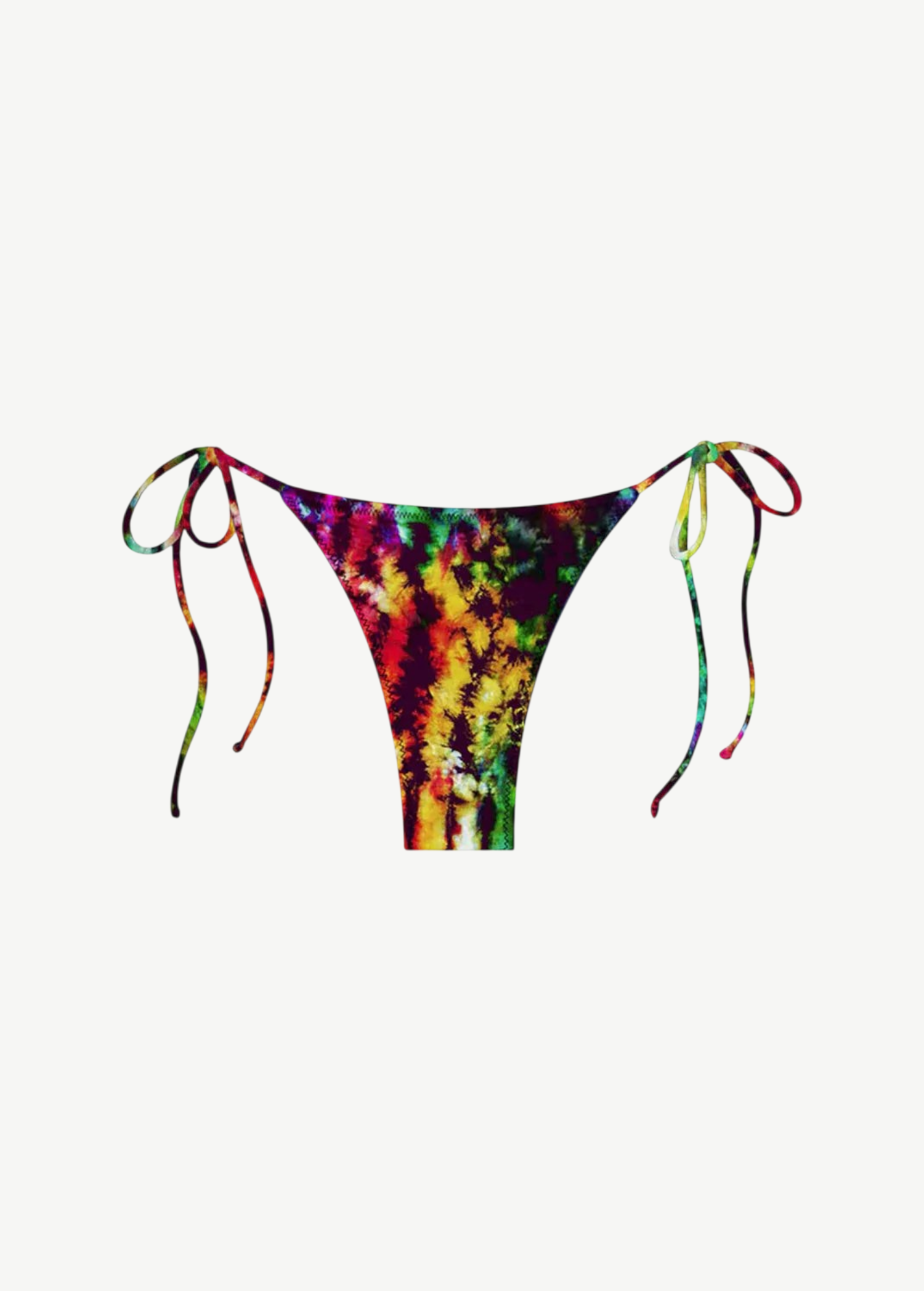 The Praia Bottom is a tie-dye mystic parallelo bikini bottom with adjustable side strings, showcasing a vibrant blend of red, yellow, green, and black on a white base. Made from recycled nylon swimwear fabric, this eco-friendly piece offers minimal back coverage for a colorful and sustainable beach style.