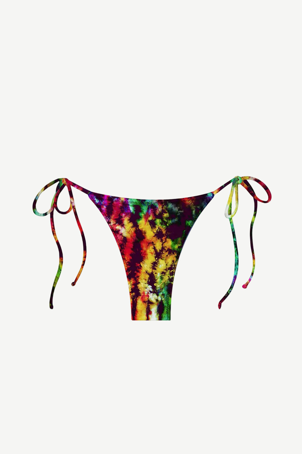 The Praia Bottom is a tie-dye mystic parallelo bikini bottom with adjustable side strings, showcasing a vibrant blend of red, yellow, green, and black on a white base. Made from recycled nylon swimwear fabric, this eco-friendly piece offers minimal back coverage for a colorful and sustainable beach style.