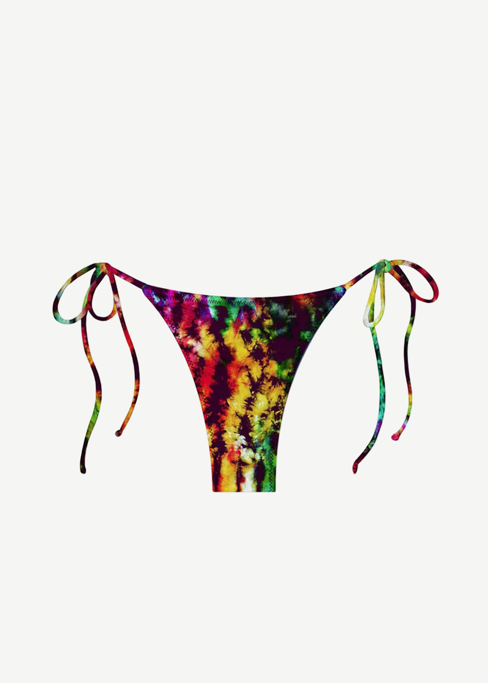The Praia Bottom is a tie-dye mystic parallelo bikini bottom with adjustable side strings, showcasing a vibrant blend of red, yellow, green, and black on a white base. Made from recycled nylon swimwear fabric, this eco-friendly piece offers minimal back coverage for a colorful and sustainable beach style.