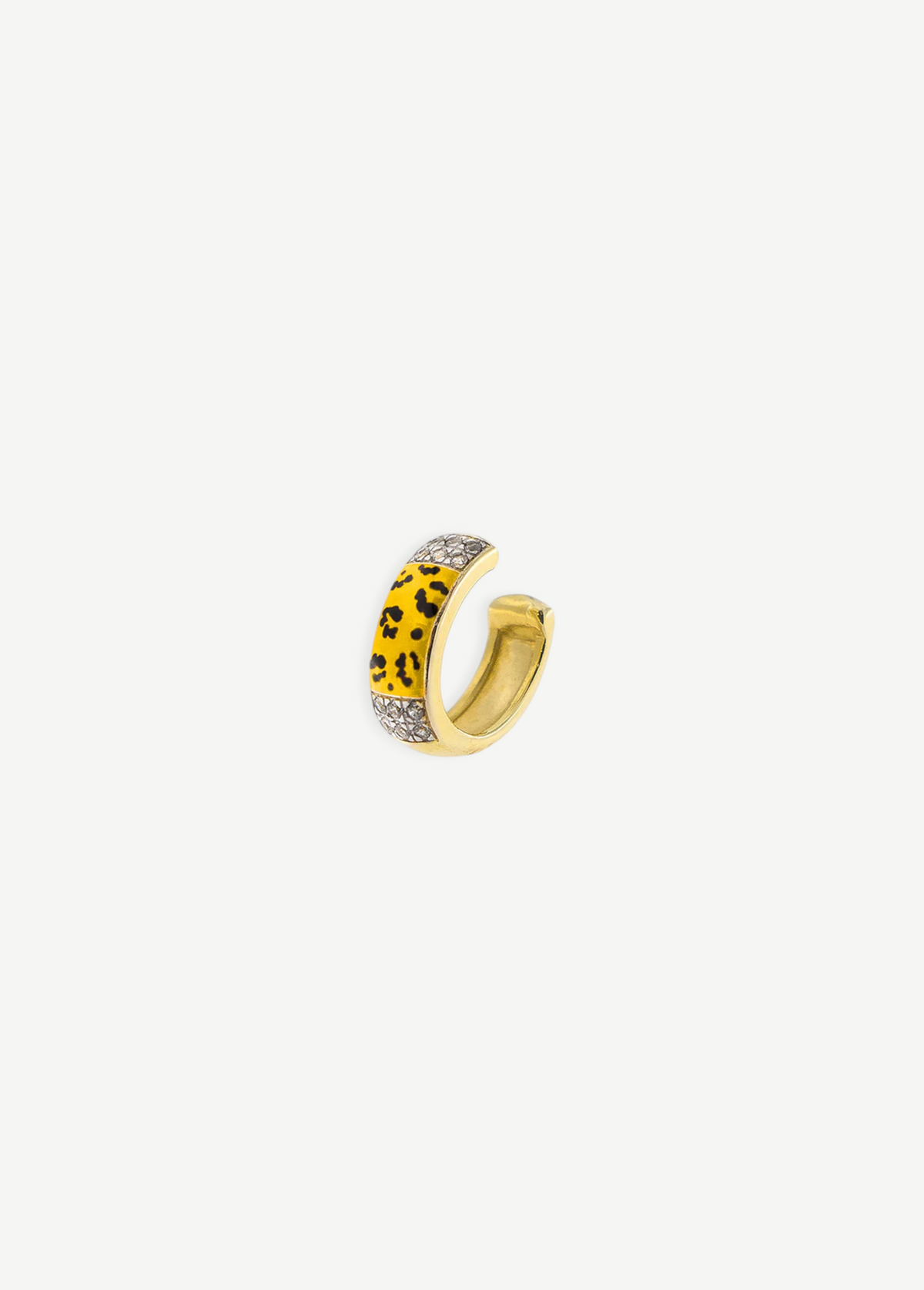 KABE SHOP INC gold ear cuff with yellow leopard print enamel and sparkling zirconia stones, no piercing required.