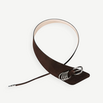 KABE SHOP INC Alcott suede belt in brown with asymmetrical design and signature silver five-ring hardware detail