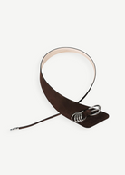 KABE SHOP INC Alcott suede belt in brown with asymmetrical design and signature silver five-ring hardware detail