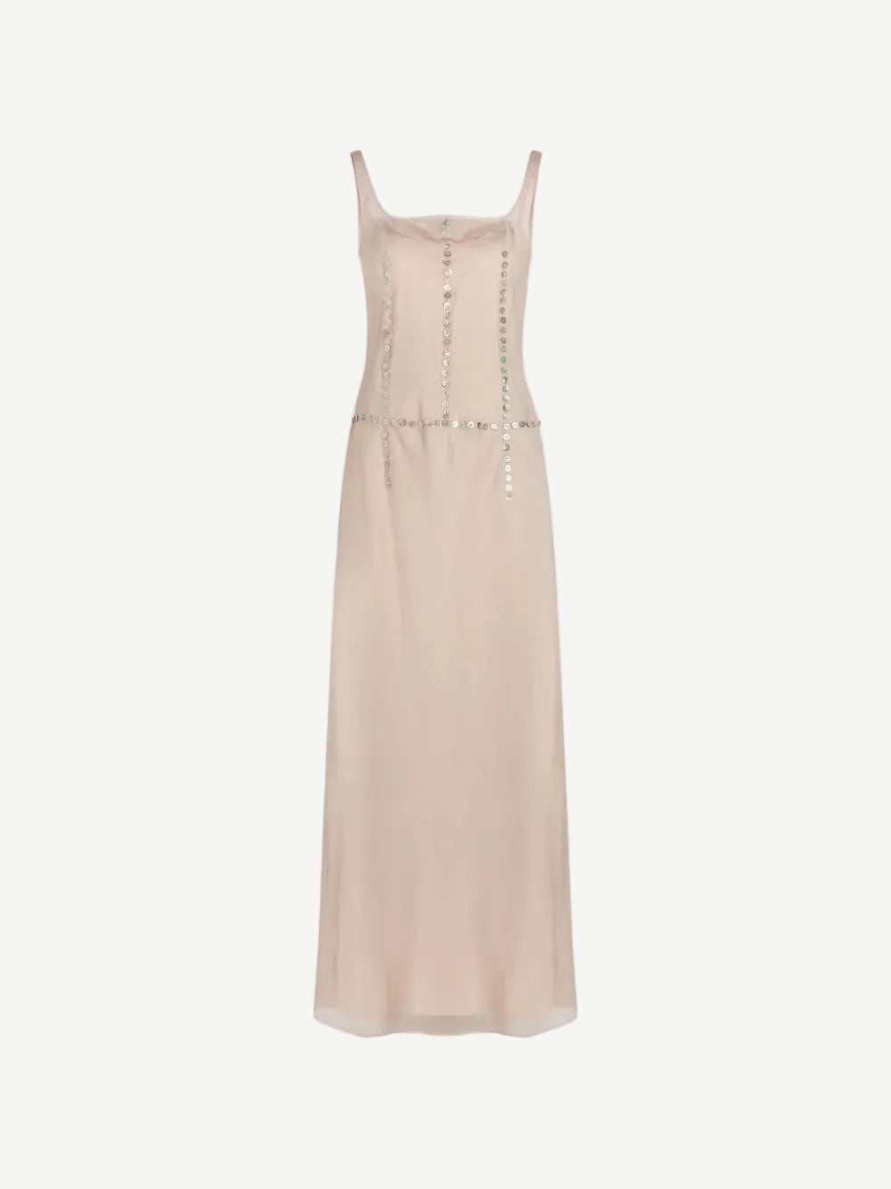 The Greta Dress is a pale pink sleeveless maxi dress with a square neckline and vertical rows of small circular embellishments, perfect for elegant evening dressing.