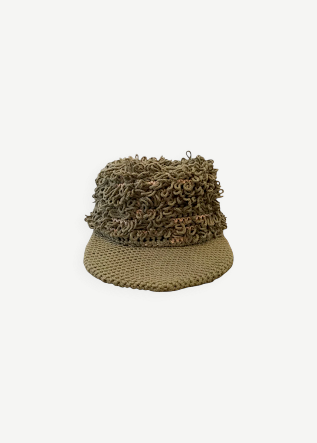 KABE SHOP INC handcrafted olive green crochet hat with a textured loop crown and a firm brim for sun protection.
