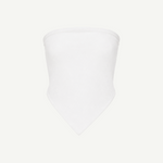 The Triangle Top, a white, strapless bandana-style piece featuring a pointed hem and crafted using traditional Moroccan weaving techniques, is displayed on a plain white background.