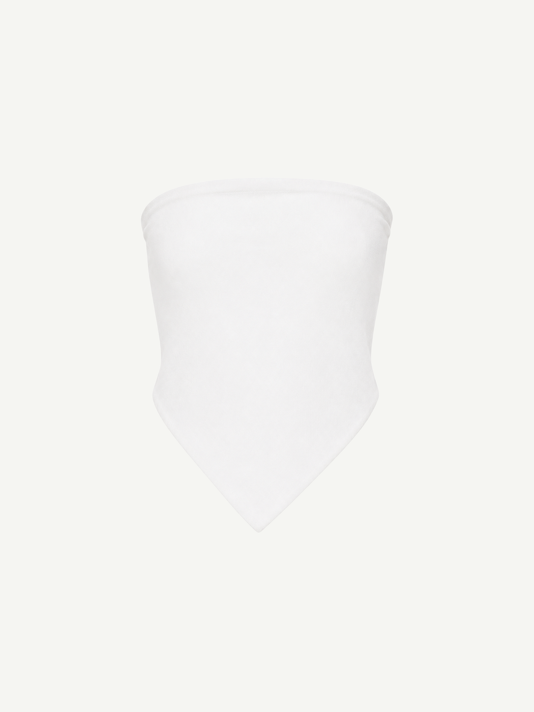 The Triangle Top, a white, strapless bandana-style piece featuring a pointed hem and crafted using traditional Moroccan weaving techniques, is displayed on a plain white background.