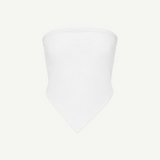 The Triangle Top, a white, strapless bandana-style piece featuring a pointed hem and crafted using traditional Moroccan weaving techniques, is displayed on a plain white background.
