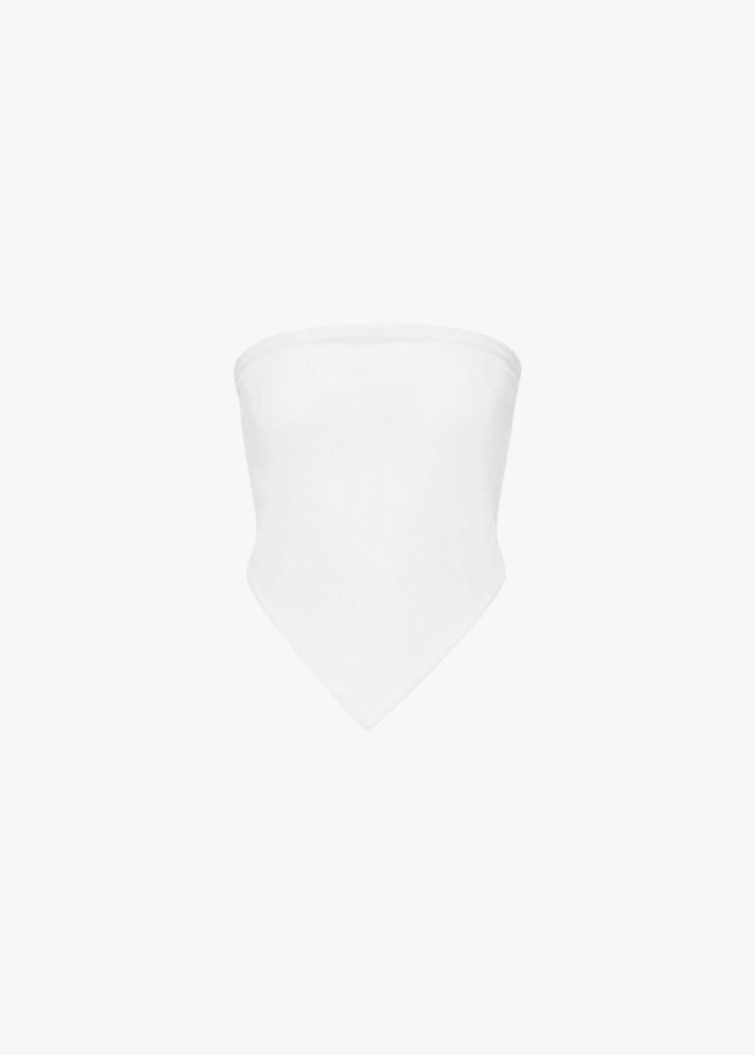 The Triangle Top, a white, strapless bandana-style piece featuring a pointed hem and crafted using traditional Moroccan weaving techniques, is displayed on a plain white background.