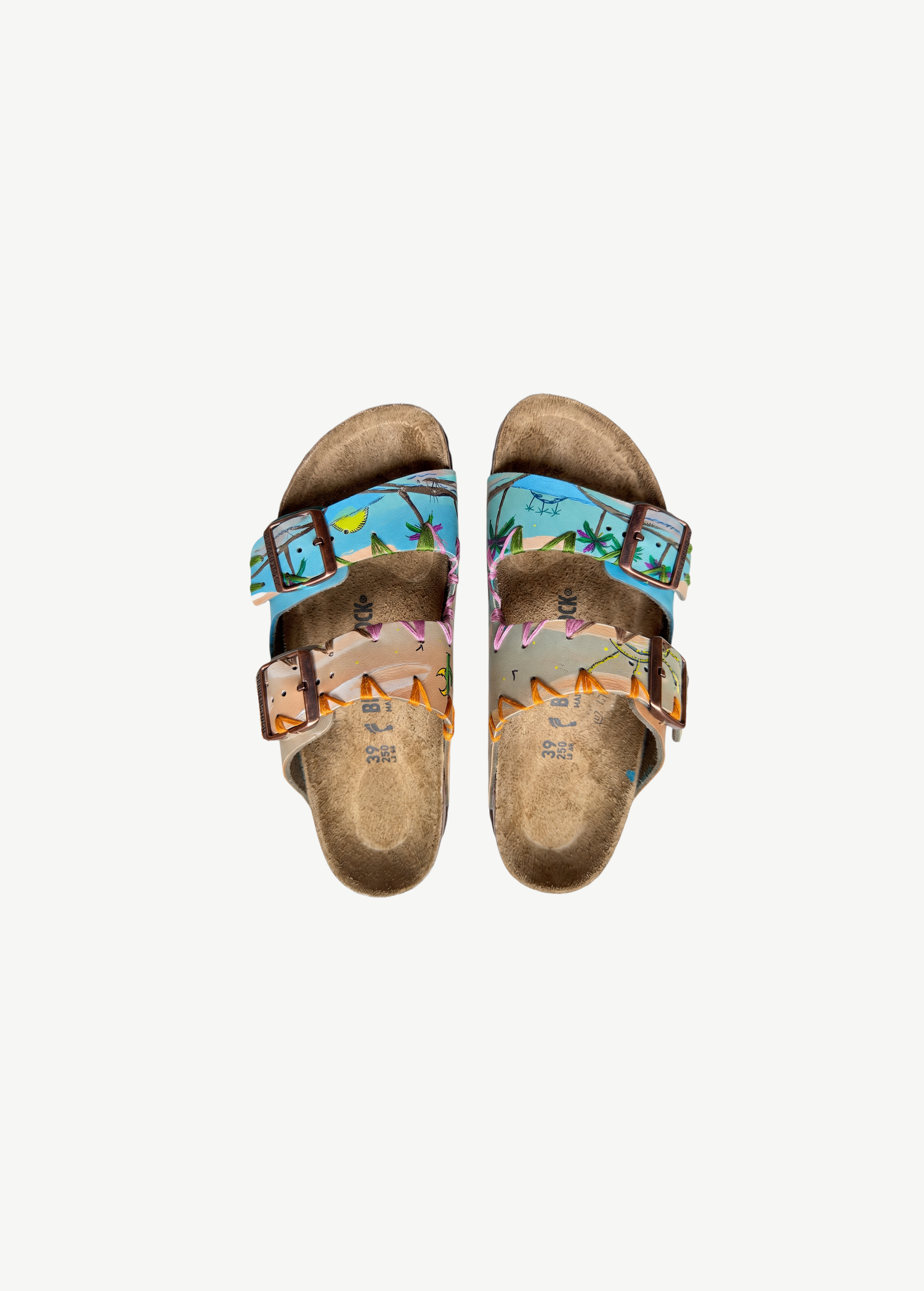 KABE SHOP INC Birkenstocks sandals featuring hand-painted tropical beach scenes and hand-embroidered details