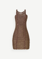 KABE SHOP INC Sil dress in metallic bronze with sculptural braided detailing and a fitted silhouette