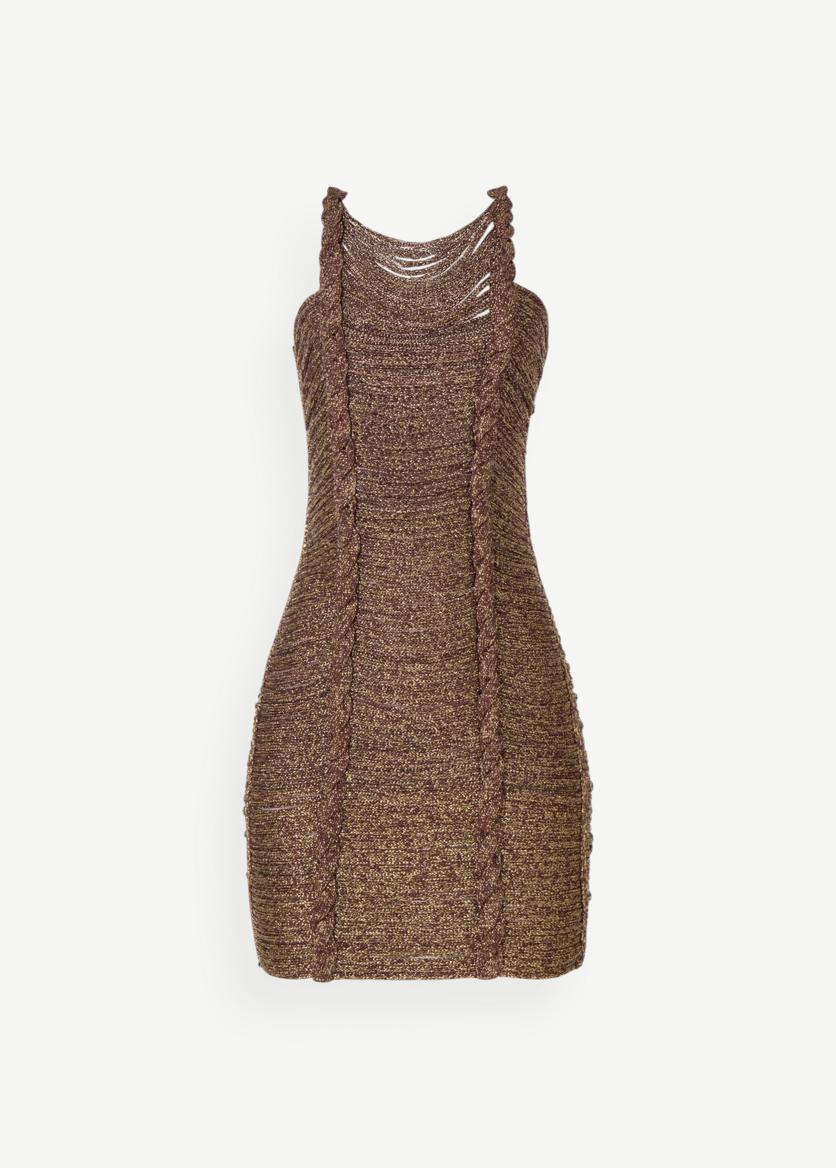 KABE SHOP INC Sil dress in metallic bronze with sculptural braided detailing and a fitted silhouette