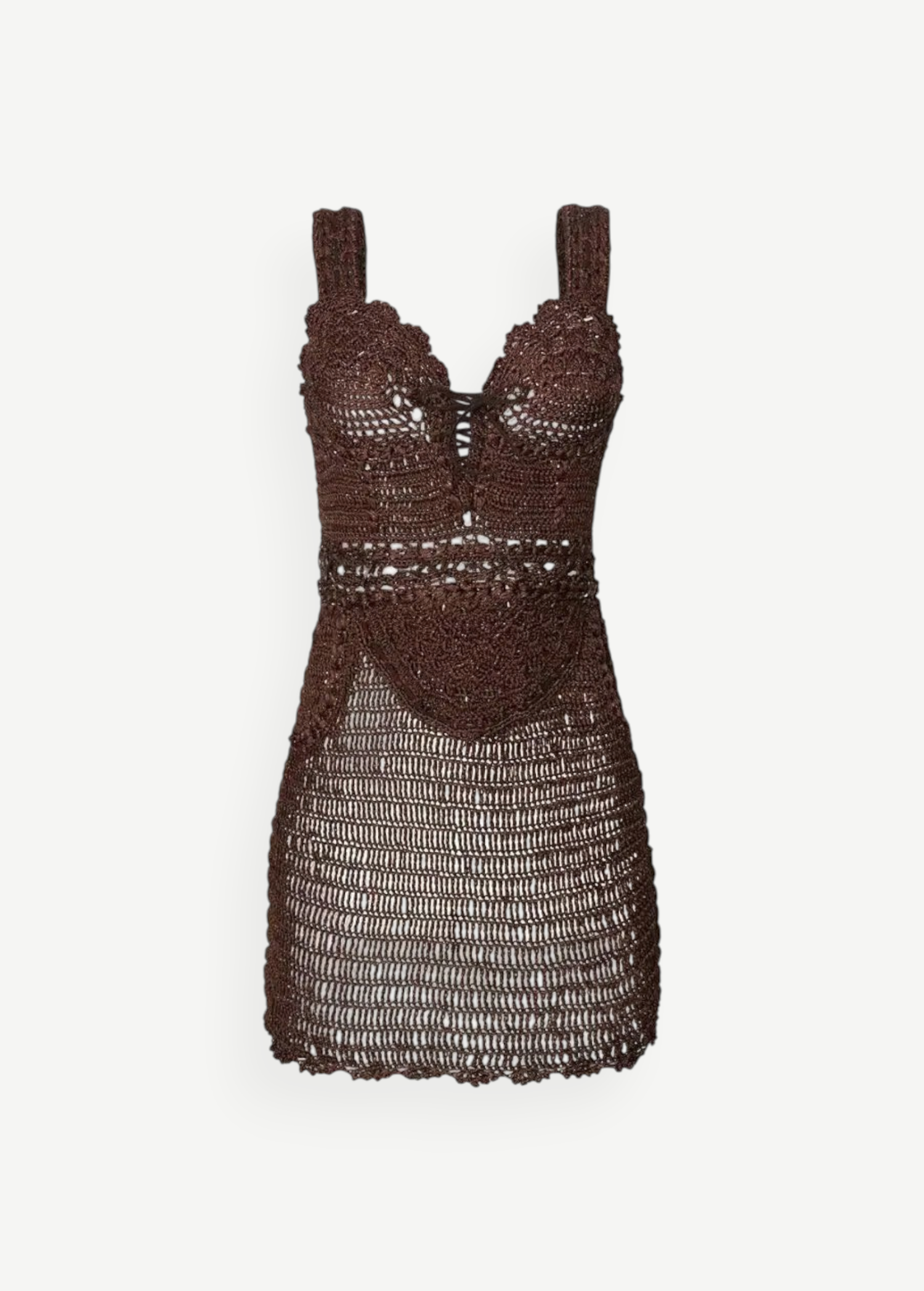 KABE SHOP INC Isa brown crocheted mini dress with intricate lace-up bodice and sleeveless silhouette