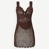 KABE SHOP INC Isa brown crocheted mini dress with intricate lace-up bodice and sleeveless silhouette