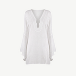 KABE SHOP INC white Thaleen mini kaftan dress with deep V-neck and flared bell sleeves in a lightweight fabric