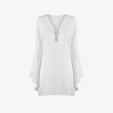 KABE SHOP INC white Thaleen mini kaftan dress with deep V-neck and flared bell sleeves in a lightweight fabric