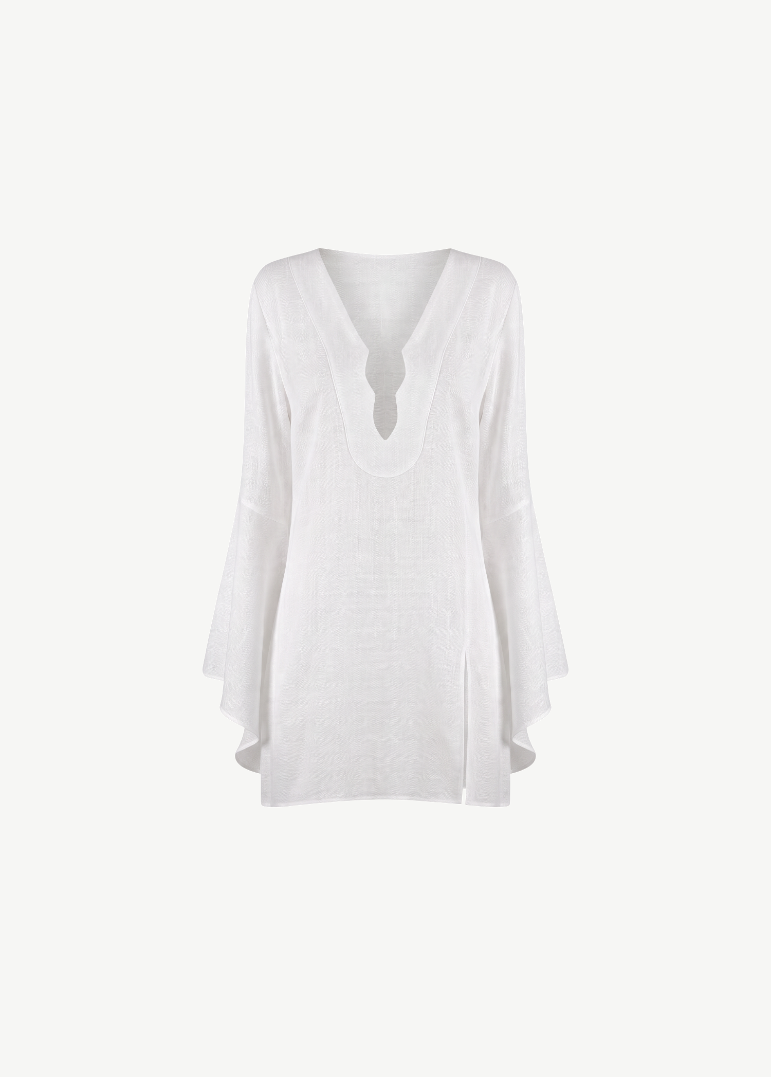 KABE SHOP INC white Thaleen mini kaftan dress with deep V-neck and flared bell sleeves in a lightweight fabric