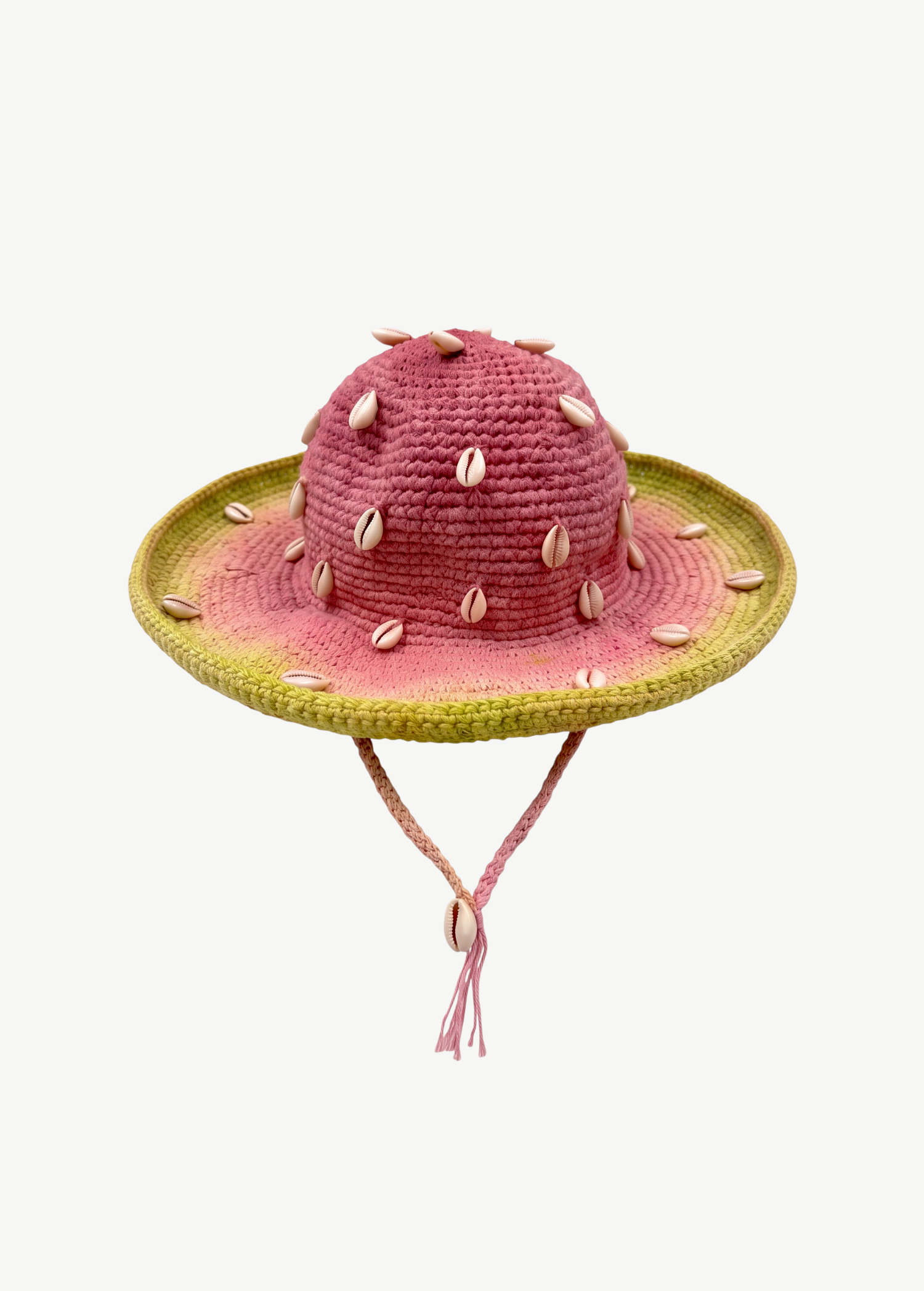 KABE SHOP INC Wika crochet hat in pink and green tie-dye with decorative white seashells and a chin strap