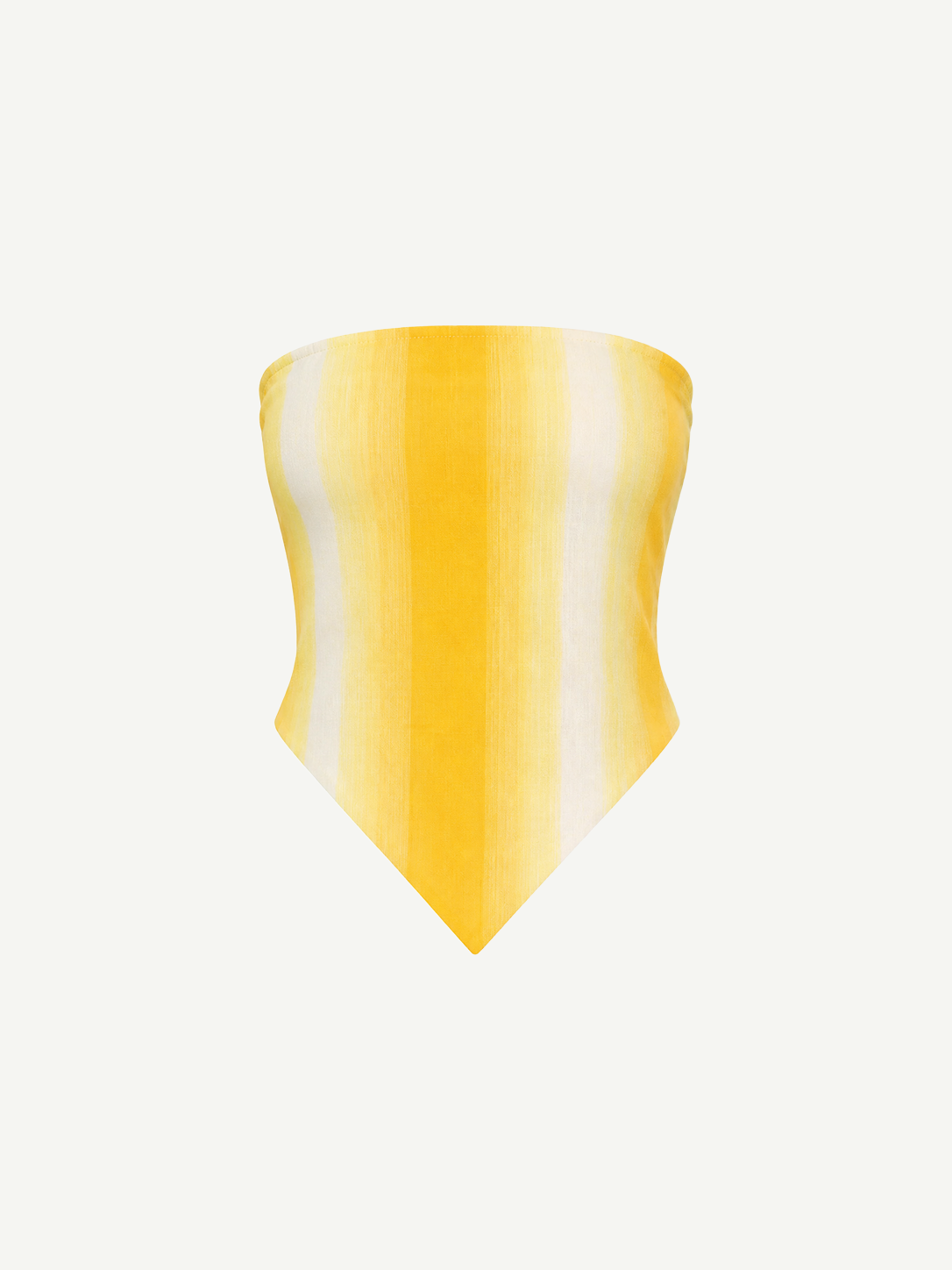 The Triangle Top is a strapless, yellow and white striped bandana-style top with a pointed hem, inspired by traditional Moroccan weaving techniques, shown against a plain white background.
