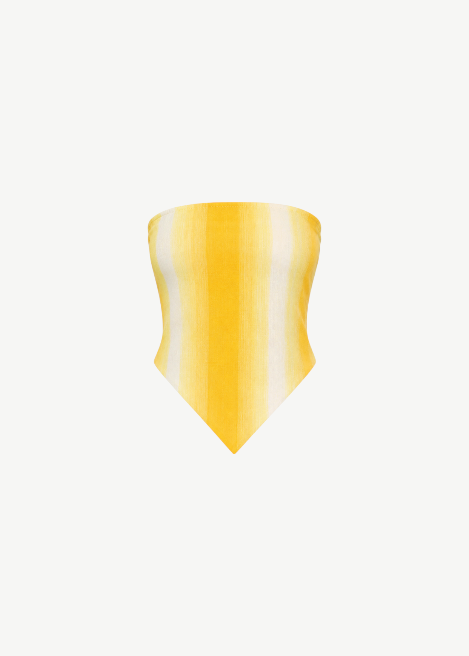 The Triangle Top is a strapless, yellow and white striped bandana-style top with a pointed hem, inspired by traditional Moroccan weaving techniques, shown against a plain white background.