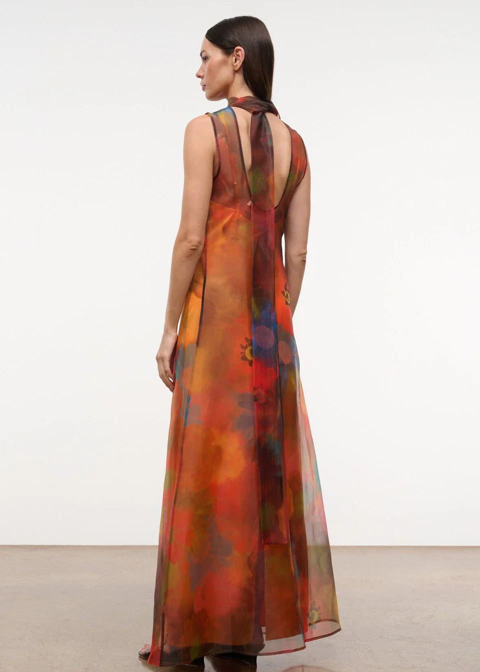 A woman wears an elegant, floor-length Albee Dress in a sleeveless, sheer, multicolor floral print with a high neck and tie detail at the back.