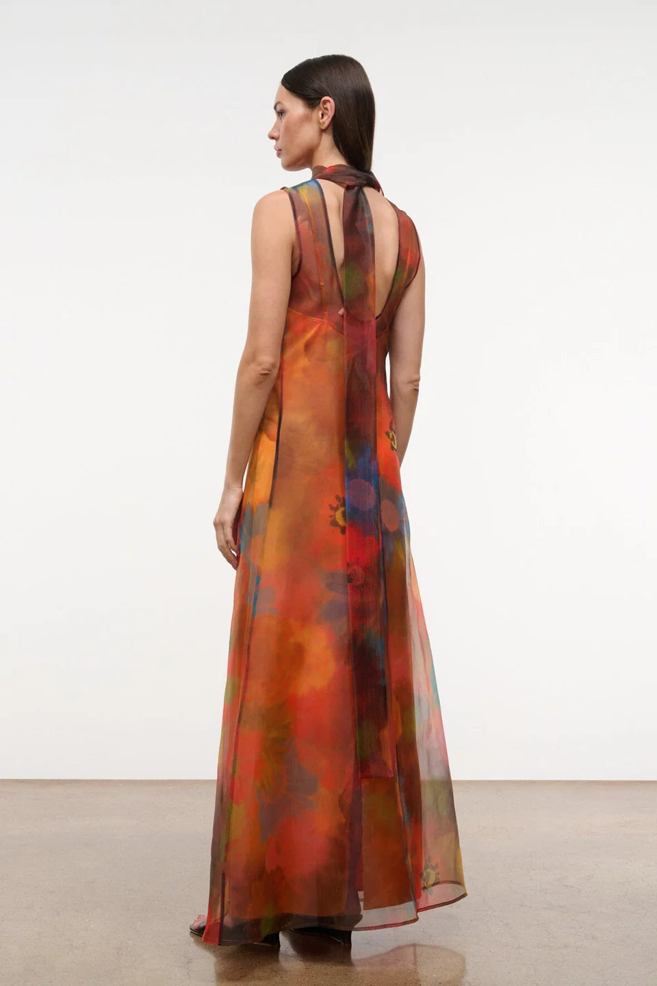 A woman wears an elegant, floor-length Albee Dress in a sleeveless, sheer, multicolor floral print with a high neck and tie detail at the back.