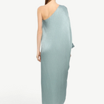 Back view of KABE SHOP INC Sonia one-shoulder maxi dress in sage green with a flowing silhouette