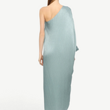 Back view of KABE SHOP INC Sonia one-shoulder maxi dress in sage green with a flowing silhouette
