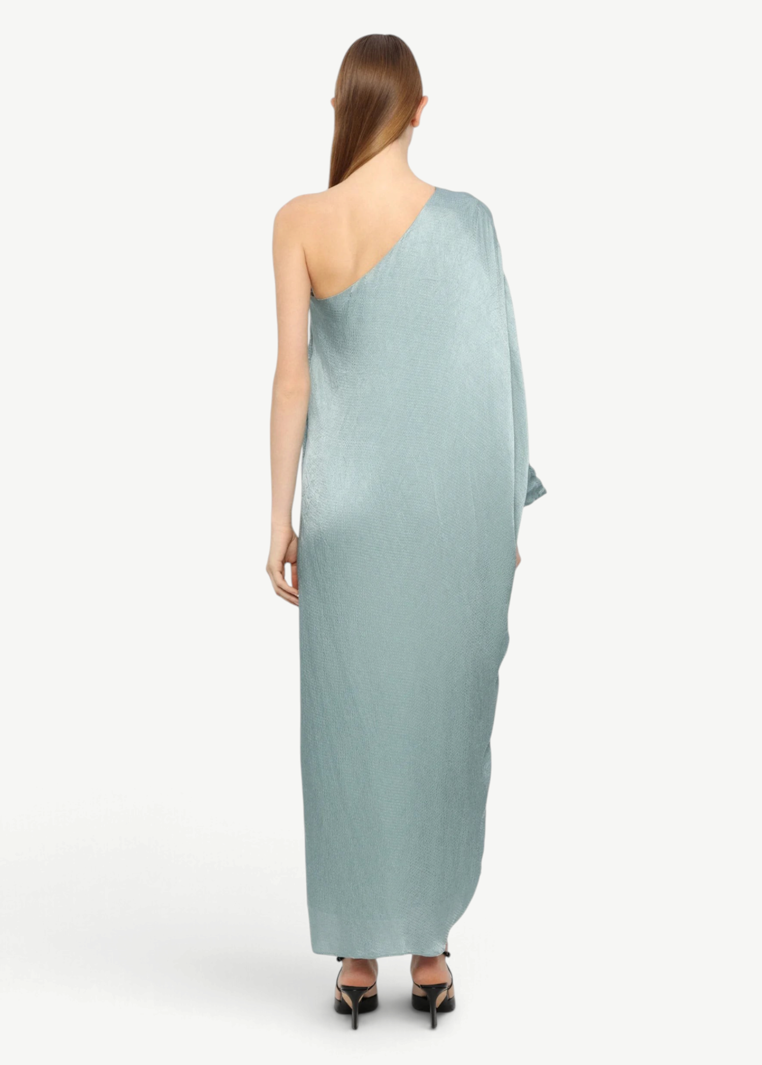 Back view of KABE SHOP INC Sonia one-shoulder maxi dress in sage green with a flowing silhouette