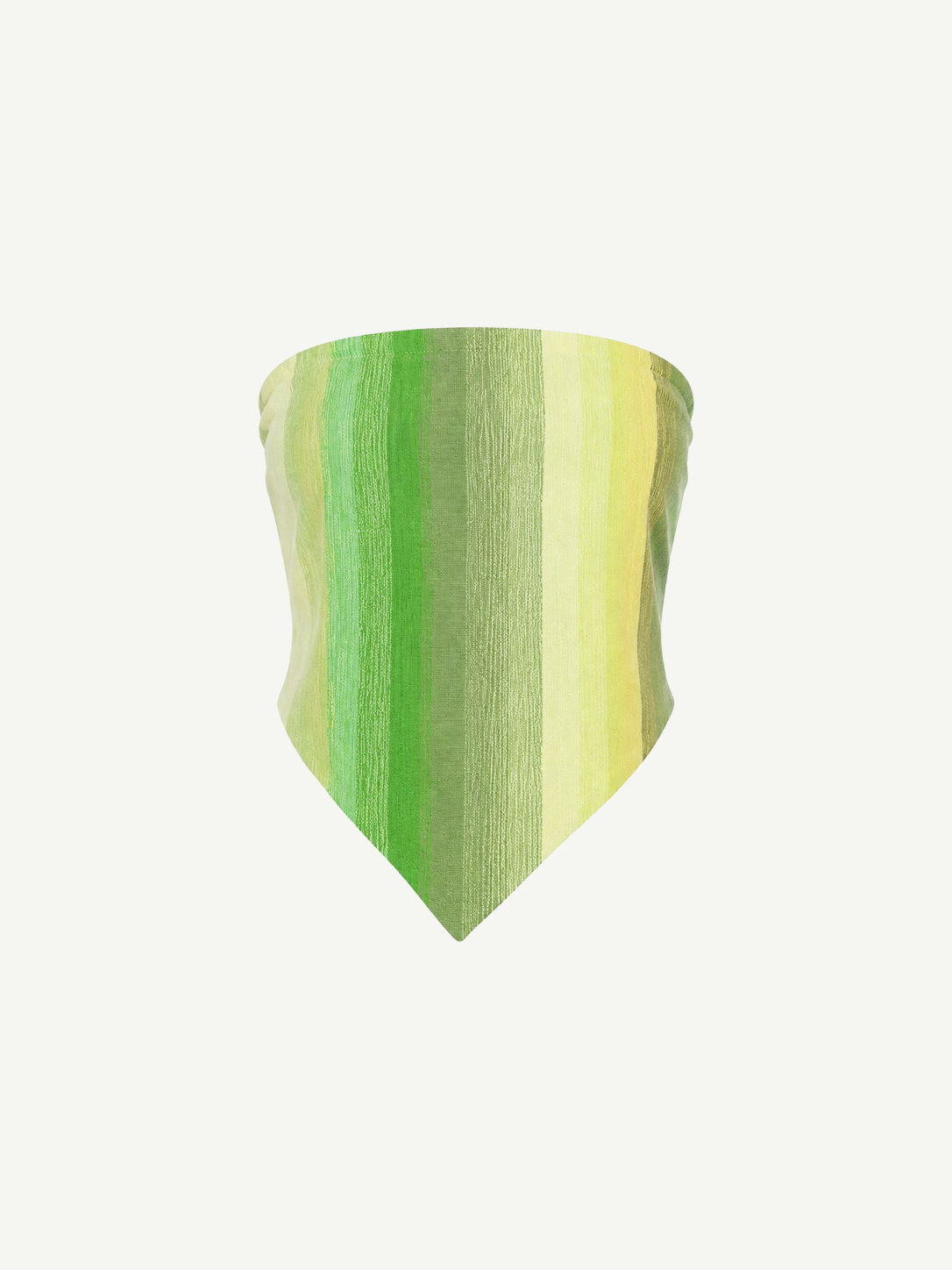 The Triangle Top, a triangular bandana featuring vertical green and yellow stripes, is crafted using traditional Moroccan weaving techniques by skilled Marrakech artisans and shown on a plain white background.