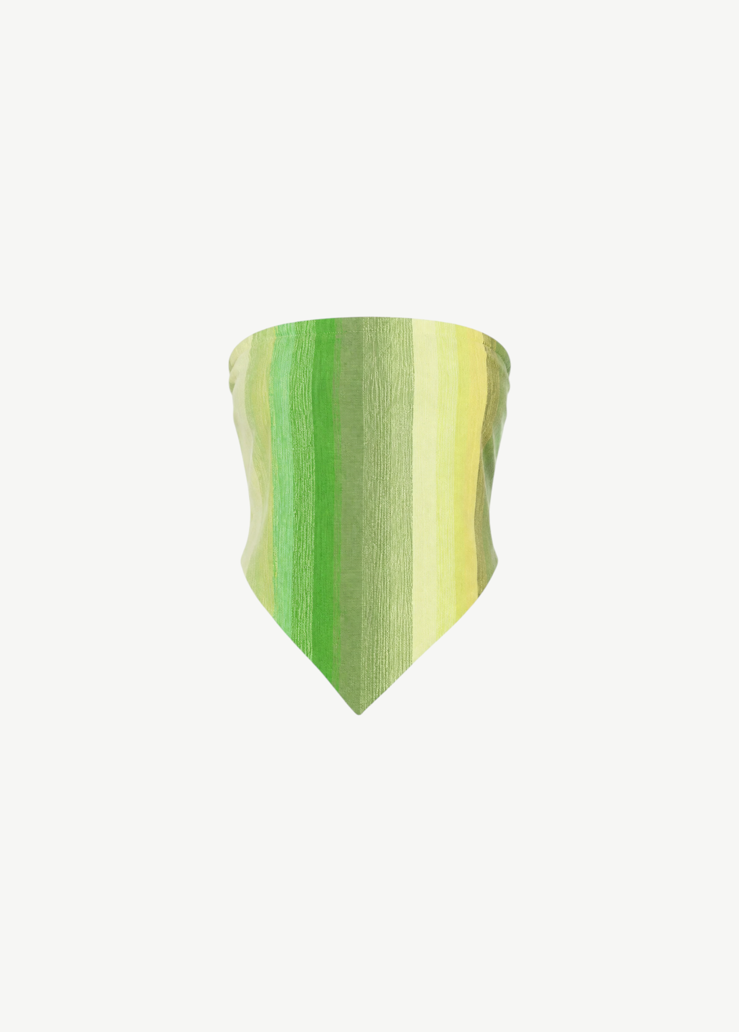 The Triangle Top, a triangular bandana featuring vertical green and yellow stripes, is crafted using traditional Moroccan weaving techniques by skilled Marrakech artisans and shown on a plain white background.