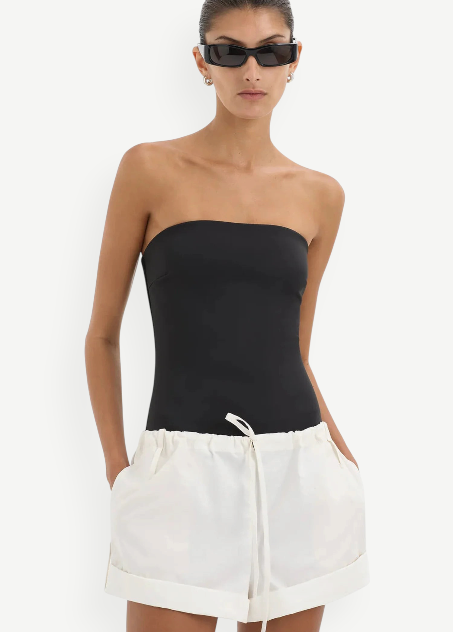KABE SHOP INC Charlie Rolled Short in white cotton with a gathered drawstring waistband on a model