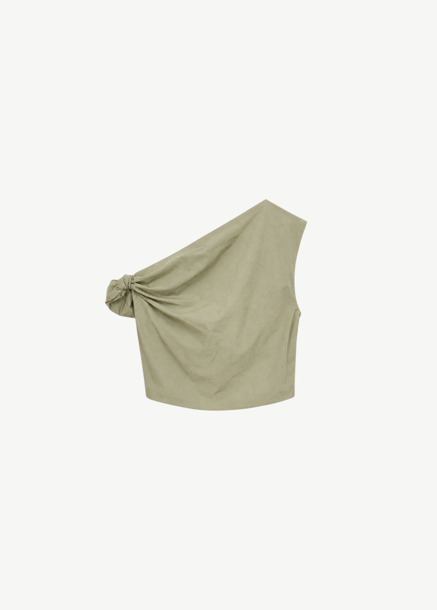 Sage green Alice Top featuring an asymmetric one-shoulder design with a contemporary sculptural knot detail at the shoulder.