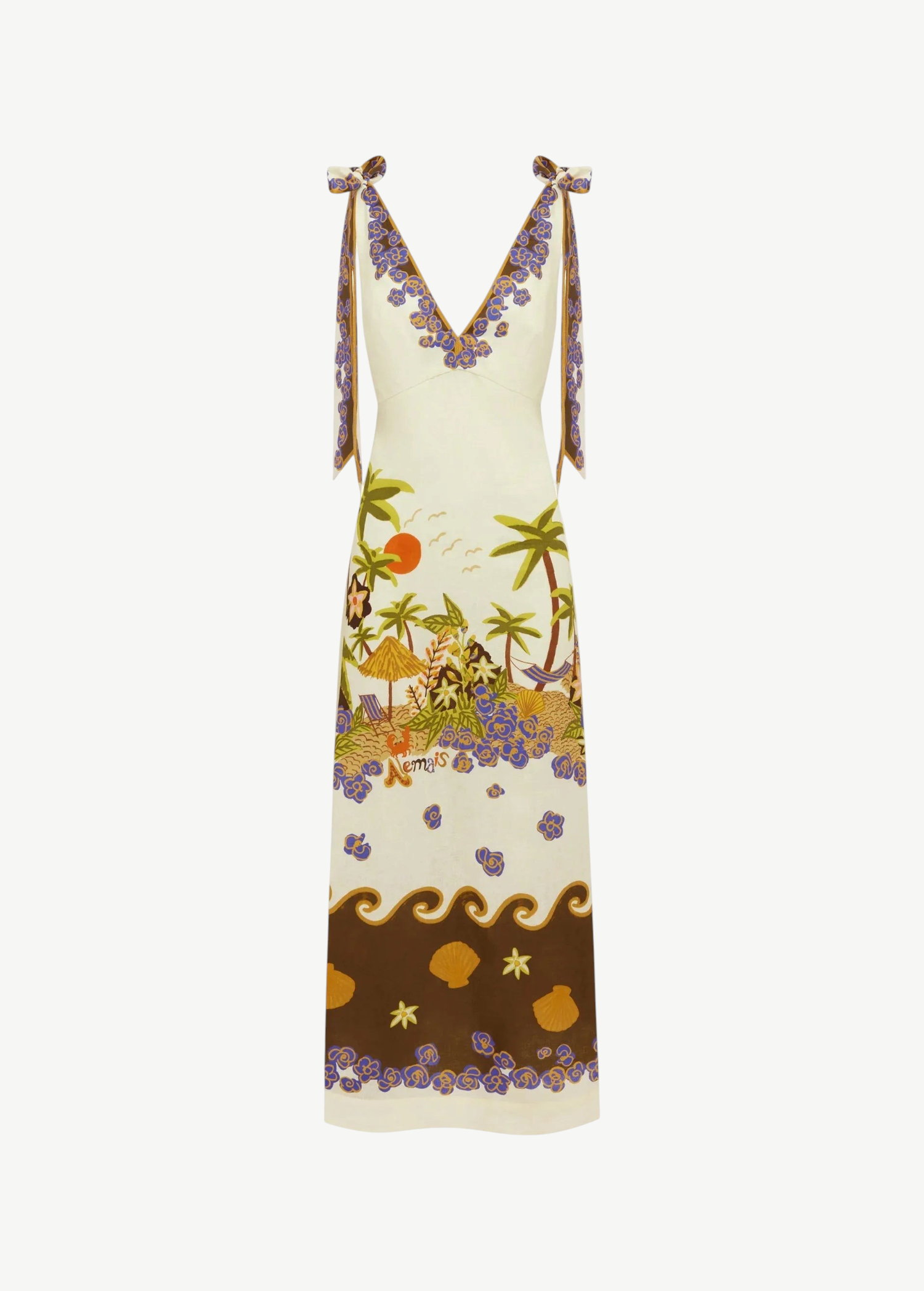KABE SHOP INC Island Cove midi dress in cream linen with a tropical beach print, V-neckline, and adjustable ties.