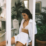 KABE SHOP INC Estate Short in white organic cotton towelling with orange crochet scallop trim and side splits